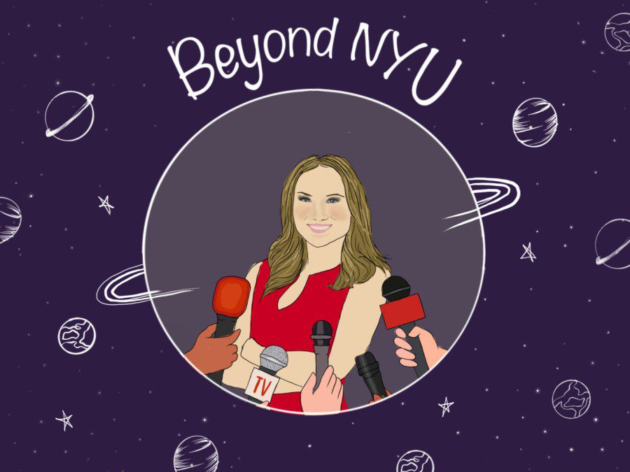 An illustration of a woman wearing a red dress with five microphones pointing at her. Around the woman is a silhouette of a large planet and text “Beyond N.Y.U.” There are many smaller planets around the larger planet against a purple background.