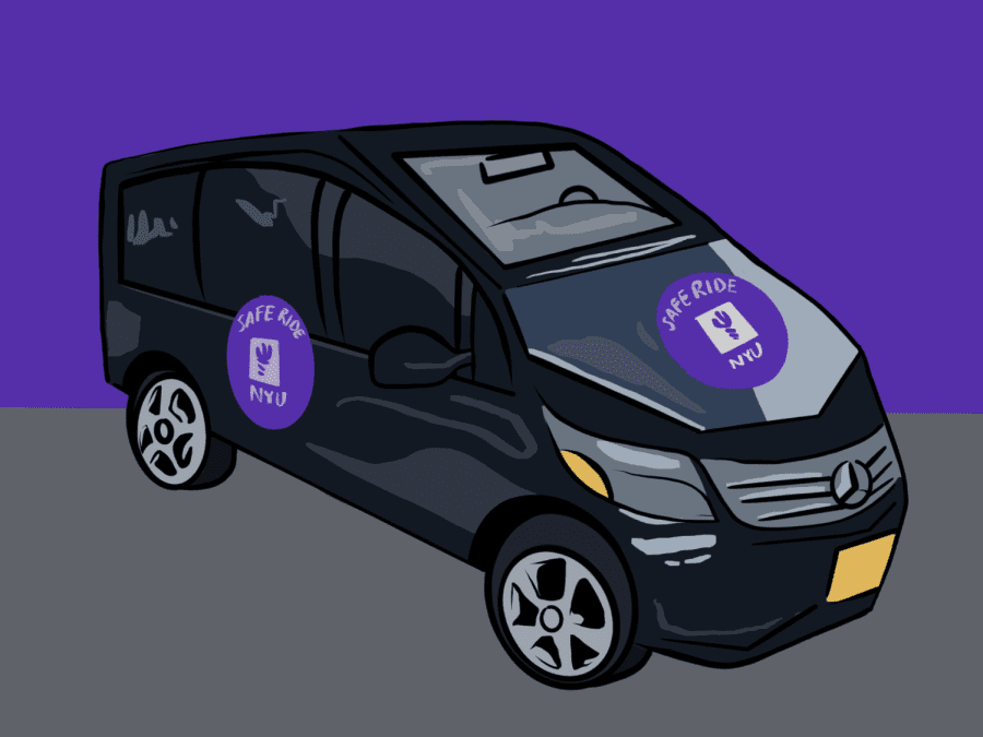 An illustration of a black car with an N.Y.U. Safe Ride logo on the hood and side.