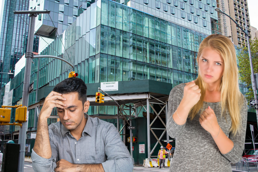 Photo cutouts of a sad-looking male and a female dressed in casual clothes in front of a photo of the construction site of the 181 Mercer Street building owned by New York University.