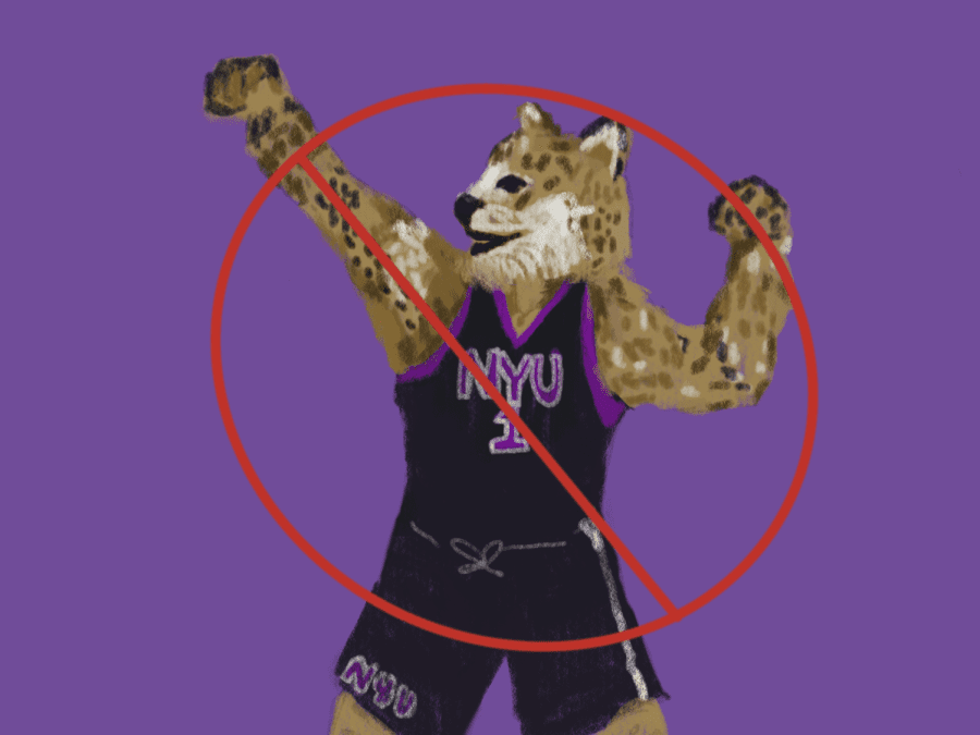 An illustration of New York University’s Bobcat mascot against a purple background, with a red line striking it out. The Bobcat is wearing a dark purple athletic vest with the letters “N.Y.U.” printed on it.