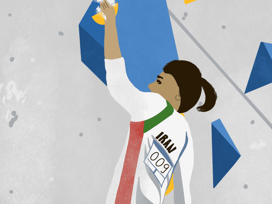 An illustration of Iranian climber Elnaz Rekabi mounting a climbing wall. She has her black hair tied into a ponytail. She wears a white, red and green colored shirt — the colors of the Iranian flag. The back of her shirt reads “IRAN 009” and her left hand holds onto a blue boulder.