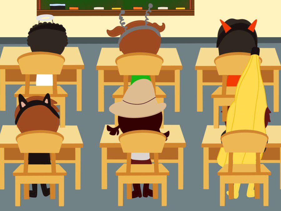 Illustration of a classroom with students sitting at the chairs. Students sit in costume at school desks. In order from the front of the classroom back and from left to right, there is a student dressed as an angel, an alien, a devil, a cat, a cowboy, and a banana.
