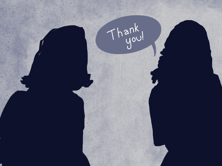 The dark blue silhouettes of two women are set against a light blue, denim-patterned background. A speech bubble that reads “Thank you!” comes out from the figure on the right.