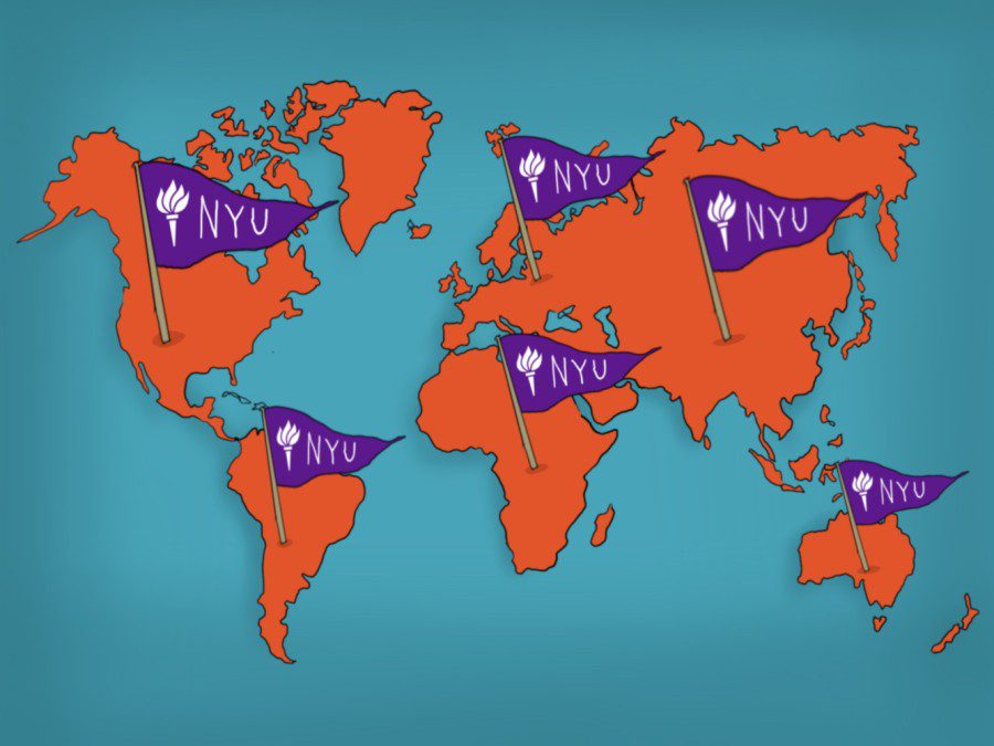 An illustration of a map of the world with six purple N.Y.U. logo pins placed in each inhabited continent.