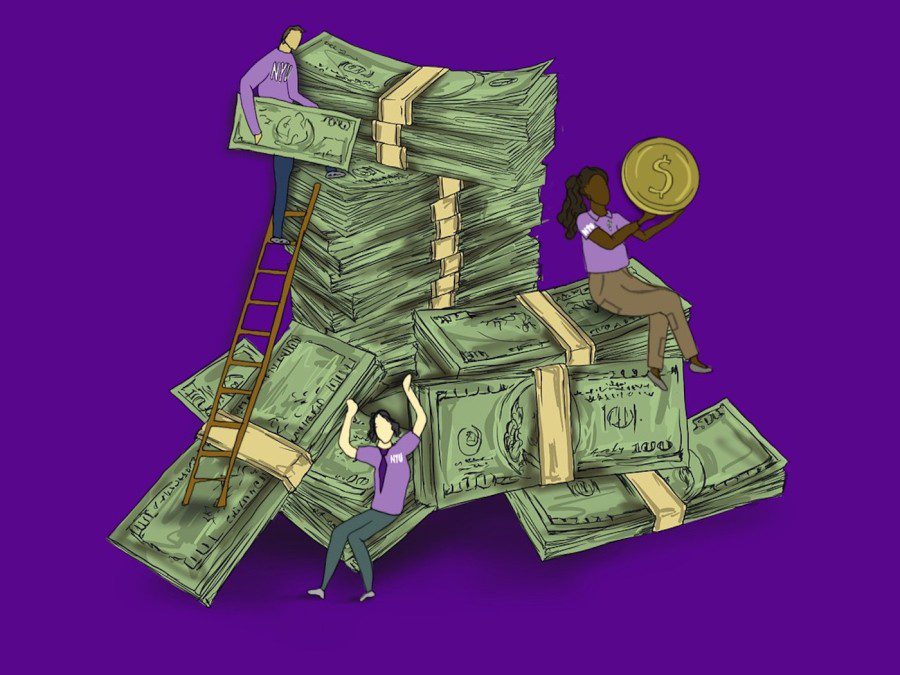 Two human figures sit on a stack of cash, one holding a golden coin, while the other climbs up a ladder holding another bundle of cash.