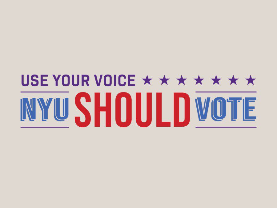 Text “USE YOUR VOICE” and seven stars in purple color on top of text “NYU SHOULD VOTE” with “NYU” and “VOTE” in blue color and “SHOULD” in red color.