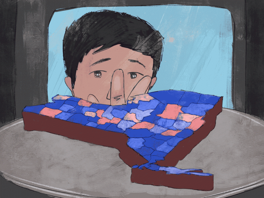 An illustration of a boy looking into an oven. In the oven is a cake shaped like New York State with alternating blue and red patterns to represent the political party that is in the majority in each electoral district.