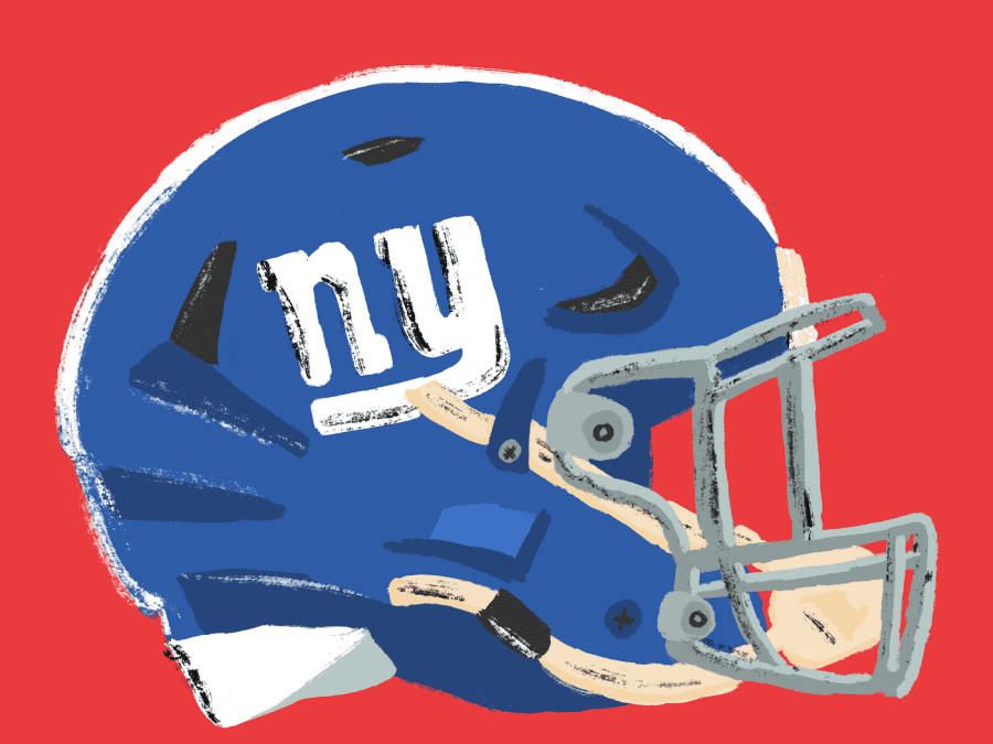 An illustration of a blue football helmet of the N.F.L. team New York Giants.