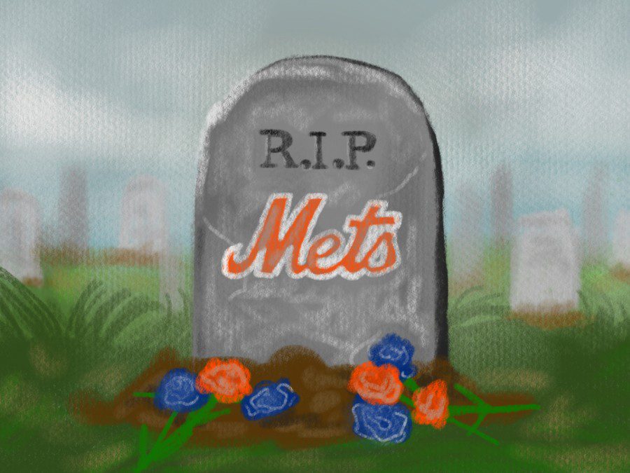 An illustration of a gravestone with several flowers placed in front of it in orange and blue. The text on the gravestone is “R.I.P. Mets.”