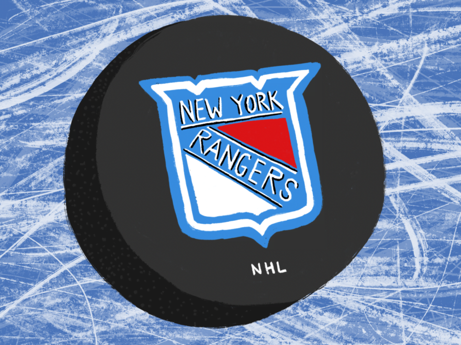 An+illustration+of+the+New+York+Rangers+N.H.L.+team+logo+on+a+hockey+puck+against+a+blue+and+white+background%2C+reminiscent+of+a+skating+rink.