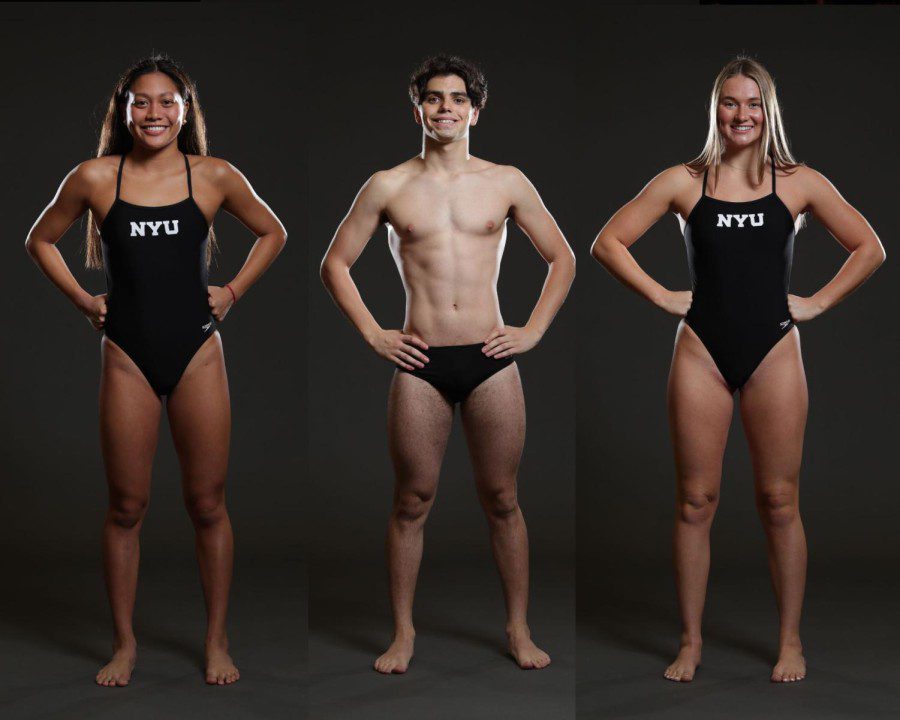 A collage of photographs of three people, side by side. From left to right: a female with brown hair wearing a black swimsuit with “NYU” printed on it; a male wearing black swimsuit trunks; and a female with blond hair wearing a black swimsuit with “NYU” printed on it.