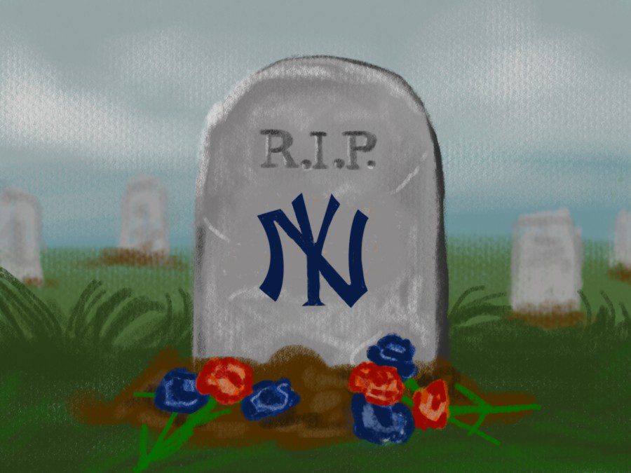 An illustration of the New York Yankees’ logo on a gravestone with the text “R.I.P.” engraved on it and flowers placed in front of the gravestone.