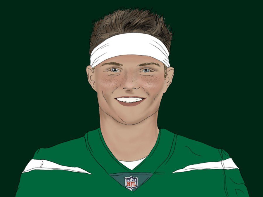 An illustration of football player Zach Wilson wearing a white headband and a green jersey.
