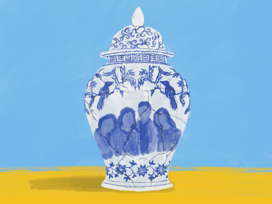 A blue and white cracked vase is illustrated against a blue background. SIlhouettes of Joy Li’s family are painted on the vase.