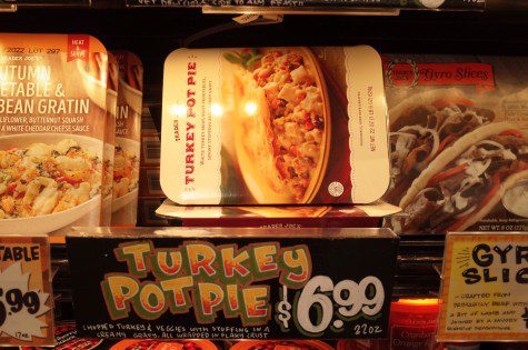 Boxes of food are laid on a layer of a shelf. There is a tag in front of the center box that reads “TURKEY POTPIE dollar symbol 6.99” in all caps. Under the text is a list of ingredients. There is a photo of a turkey potpie on the box.