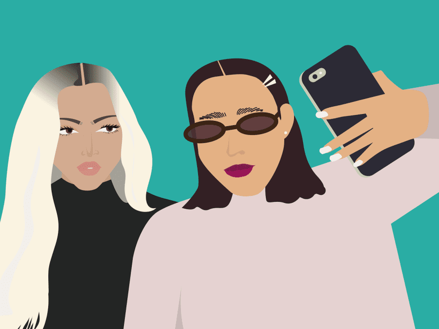 An illustration of two women in front of a teal background. The woman on the left has blonde ombré hair. The woman on the right has brown hair and black sunglasses, and she holds her iPhone up in the air to take a selfie.