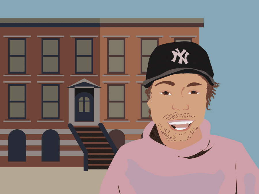 An illustration of TikToker Caleb Simpson. He has brown hair and is wearing a navy Yankee hat and pink hoodie. Simpson is standing in front of two brownstone buildings.