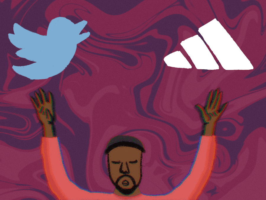 An illustration of Kanye West, also known as Ye, dressed in a pink sweater holding both his hands up. On top of his right hand is the Twitter logo — a bird in light blue. On top of his left hand is the Adidas logo, three slanted white stripes.