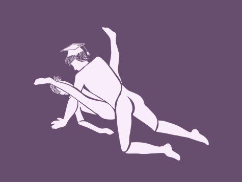 n illustration of a male wearing a graduation cap and another male figure in a missionary position with their legs straight up by his shoulders.
