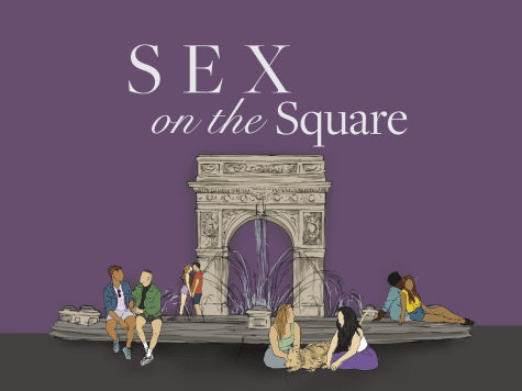 An illustration of Washington Square Park with the Washington Square Arch in the background. Couples sit on the ground or on seats in the park. Above the Park is white text that reads “Sex on the Square.”