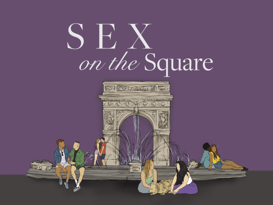 An+illustration+of+Washington+Square+Park+with+the+Washington+Square+Arch+in+the+background.+Couples+sit+on+the+ground+or+on+seats+in+the+park.+Above+the+Park+is+white+text+that+reads+%E2%80%9CSex+on+the+Square.%E2%80%9D