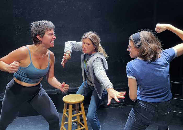 Three women stand on stage with a wooden stool in the middle of them. On the left is a woman wearing a blue tank top and black yoga pants holding up both of her fists; on the right is a woman wearing a blue t-shirt and blue jeans holding her right fist over her head; in the middle of them is a woman wearing a gray hoodie and blue jeans trying to stop the other two women from fighting.