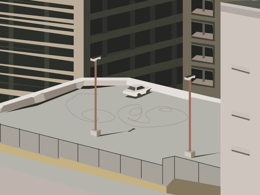 An illustration of a building with a gray parking lot on a rooftop, with two brown poles on the sides and a white car in the parking lot.
