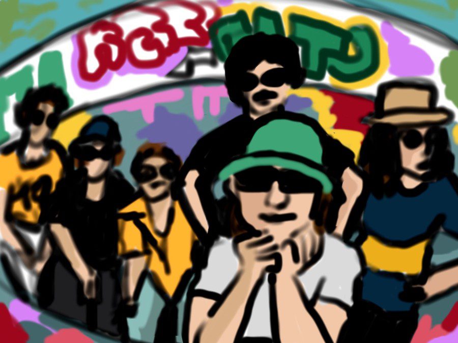 An illustration of the album cover of “Changes.” The members dress in loose streetwear and kneel in front of the camera against a wall filled with colorful graffiti. The clothing items include a green bucket cap, black cargo pants and varingly solid-colored T-shirts.