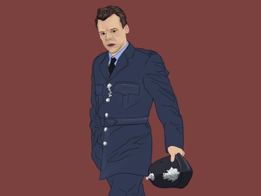 An illustration of a white Englishman dressed in a navy blue police uniform, against a red background.