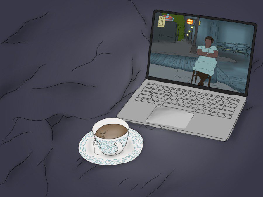 Illustration+of+a+cup+of+coffee+in+a+white+cup+and+a+white+plate+next+to+a+gray+laptop.+On+the+laptop+screen+is+an+image+of+an+older+black+woman+dressed+in+light+blue +dress+sitting+on+a+chair+on+the+sidewalk+at+night.