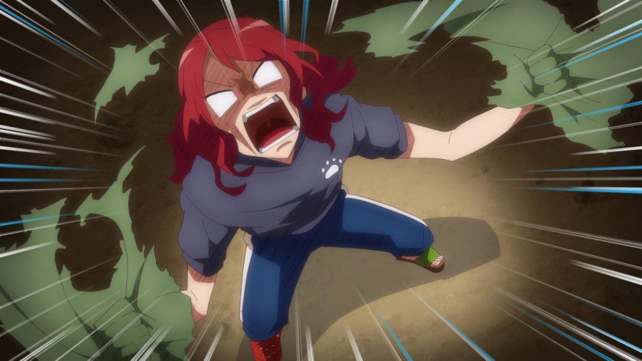 A shot of an animated red-haired character ripping apart a piece of green material with an angry look on their face and action marks surrounding them.