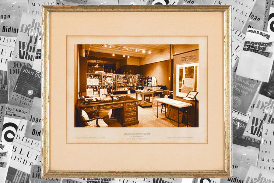 A framed sepia-tone photo of Joan Didion’s items in Stair Galleries is set against a black-and-white background of Didion book covers.