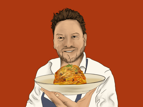 An illustration of a man with brown hair and a beard, wearing a blue apron over a white long-sleeve shirt. With his left hand, he holds a plate with spaghetti.