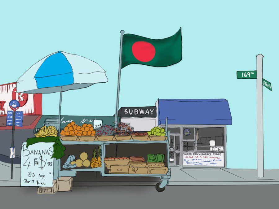 A streetscape in Jamaica, Queens. Vendors selling fruits are in the foreground. To the left, a bus stop sign in front of a Bangladeshi flag and a subway entrance. To the right, a street sign indicating the intersection of 169th Street and Broadway.