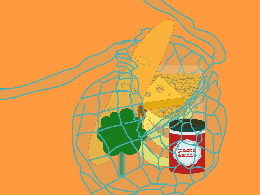 An illustration of a teal crocheted grocery shopping bag on a light orange background. Inside the bag is a bundle of three bananas, a head of broccoli, a triangular block of cheese, a small carton of milk, a baguette, a plastic bag with pasta inside and a jar of red pasta sauce.