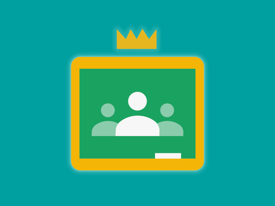 An+illustration+of+Google+Classroom%E2%80%99s+logo+with+a+crown+on+top+against+a+light+blue+background.+The+logo+has+three+people+in+white+against+a+green+board+framed+in+yellow.