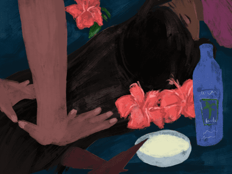 An illustration of an Indian woman with long black hair. A pair of hands wash the hair. In the foreground is a blue bottle of hair care product and a bowl of white liquid. In the background are red flowers.