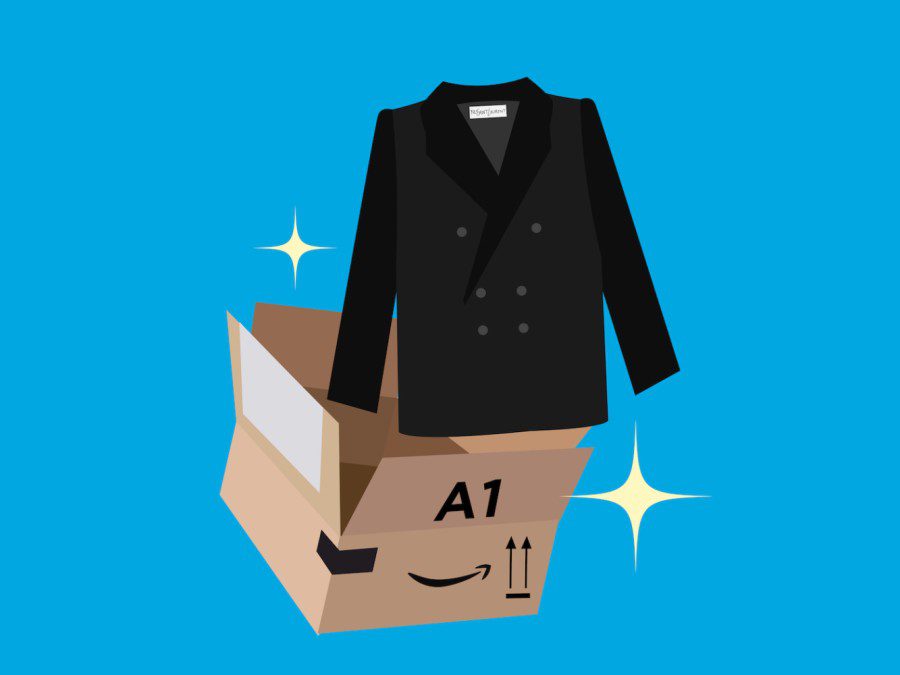 A+black+blazer+jacket+and+a+brown+paper+box+with+the+text+%E2%80%9CAMAZON%E2%80%9D+written+on+it+lay+against+a+light+blue+background.