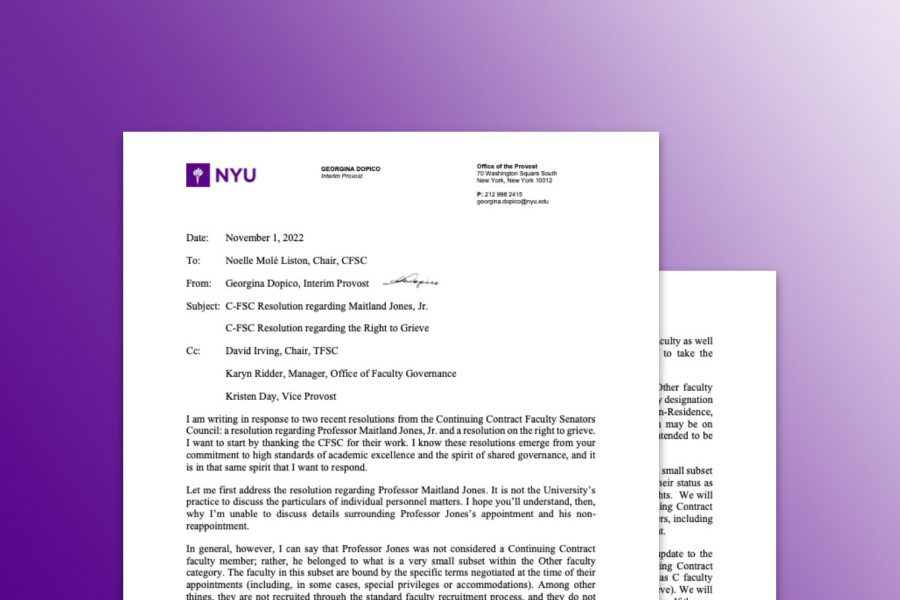 A collage of two email memo screenshots regarding Maitland Jones against a background with a purple gradient. There is an N.Y.U. logo on the top left corner of the first screenshot.