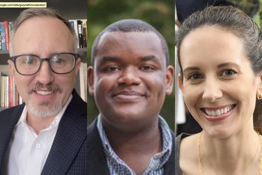 A collage of three photos. On the left, Professor Sanford Gordon, dressed in a white shirt and a plaid navy blue blazer. He wears a pair of glasses with black frames. In the middle, Professor Bryant Moy, dressed in a blue shirt and a navy blue blazer. On the right, Professor Julia Payson, dressed in a gray shirt. She is wearing gold earrings and a thin gold necklace.