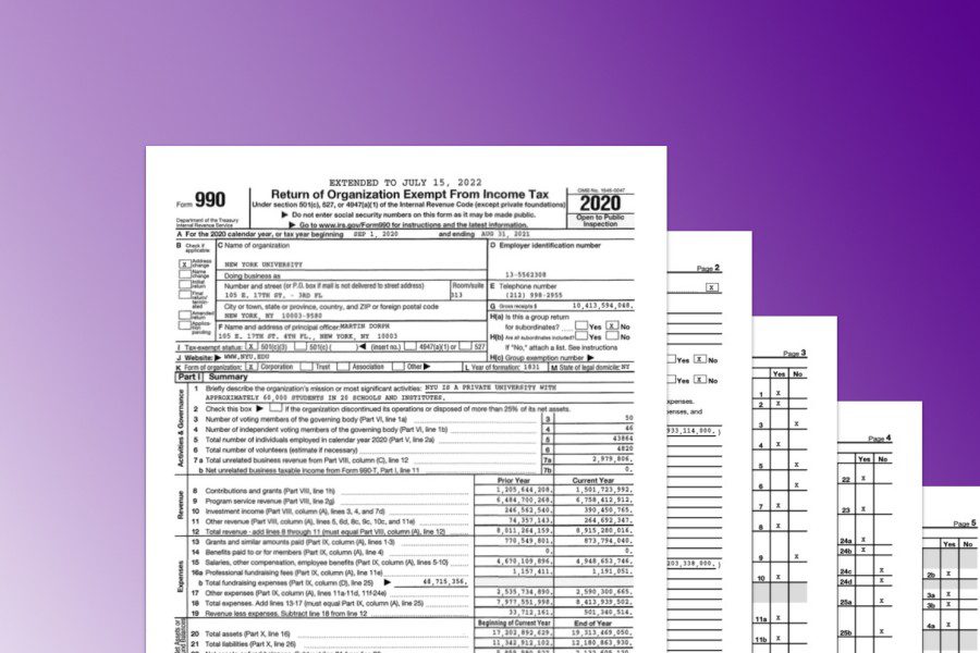 An illustration of a stack of paper documents against a purple background with a gradient.