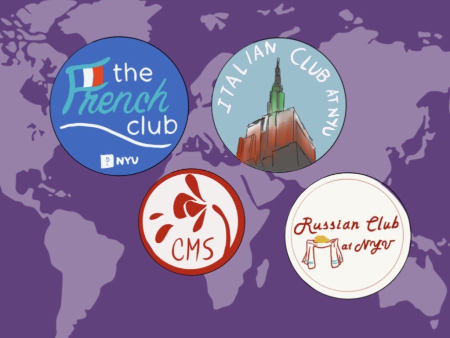 An illustration of a purple world map with four circles of club logos overlaying it. The top left circle has text “the French club” with the French flag drawn inside the letter “F” against a blue background. The top right circle has the tip of the Empire State Building lit with green, white and red lights and text “ITALIAN CLUB AT N.Y.U.” against a light blue background. The bottom left circle has text “C.M.S” in red and a red flower icon. The bottom right circle has text “Russian Club at N.Y.U” in red against a white background.