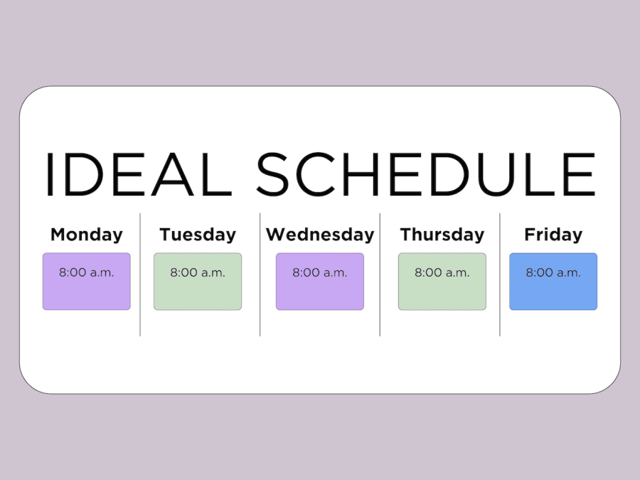 An white weekly calendar with colored chunks blocked that read “8 a.m.” and a title that reads “Ideal Schedule.”