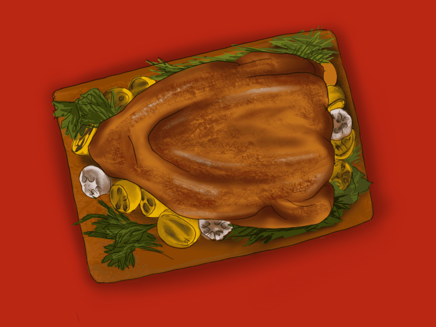 An+illustration+of+a+roasted+turkey+served+on+a+lemon+platter.+It+is+covered+in+leafy+greens+and+is+in+the+foreground+a+red+background.
