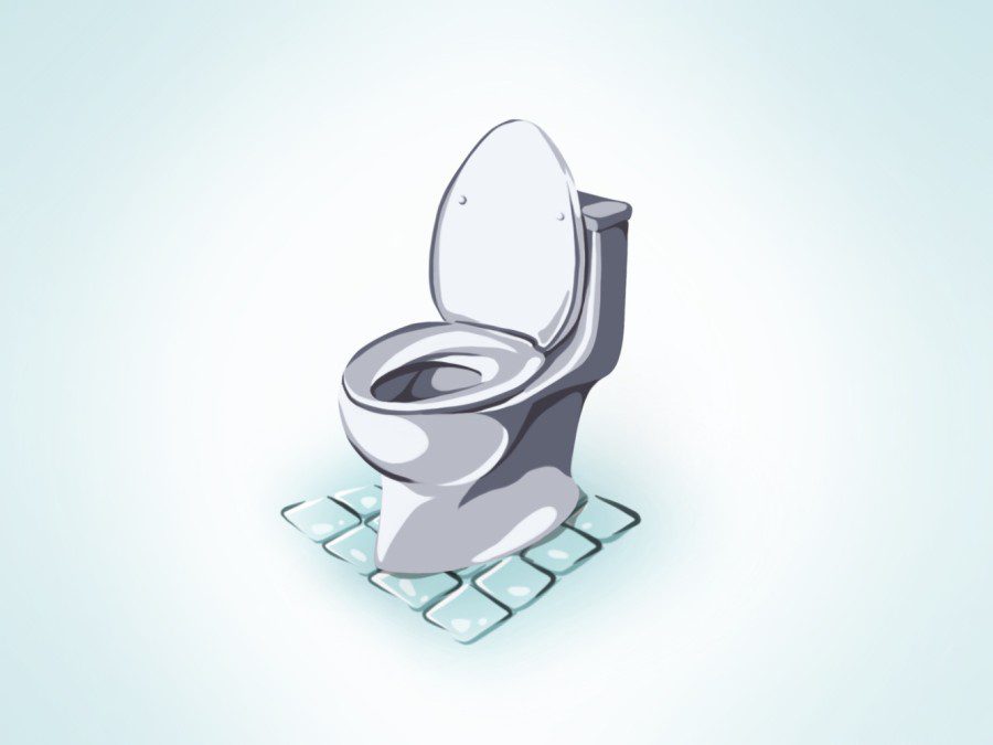 llustration of a toilet with the lid open and small bathroom tiles beneath it, against a background with a light blue gradient.
