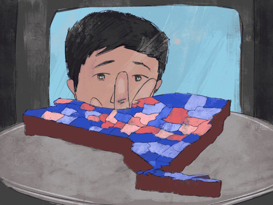 An illustration of a boy looking into an oven. In the oven is a cake shaped like New York state, with alternating blue and red patterns to represent the political party that is in the majority of each electoral district.
