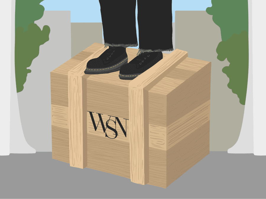 An illustration of a wooden box in a park. A pair of legs with blue jeans and black sneakers stands on top of the box. The box reads “W.S.N.”