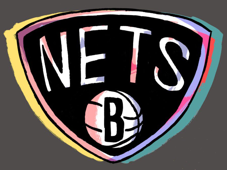 An illustration of the Brooklyn Nets basketball team logo with rainbow colors in the background.