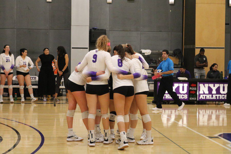 The N.Y.U. women’s volleyball team wearing white jerseys and black shorts huddle on the court. Behind them are staff members dressed in blue and black.