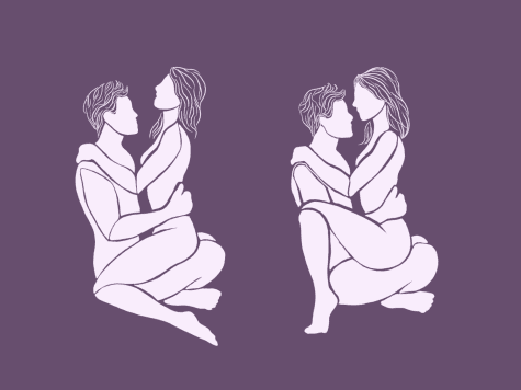 An illustration of two pairs of female-male figures in a lotus position, with a female figure sitting on top of a male figure, against a dark background.